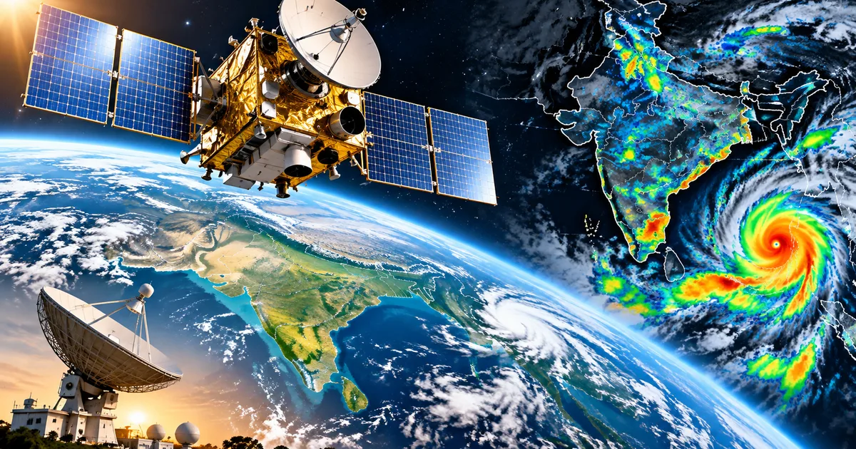 ISRO INSAT-3DS satellite in space monitoring Indian weather patterns and monsoon clouds