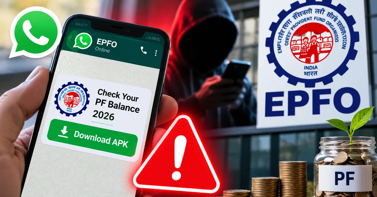 Smartphone screen showing fake EPFO WhatsApp PF balance check 2026 APK scam message