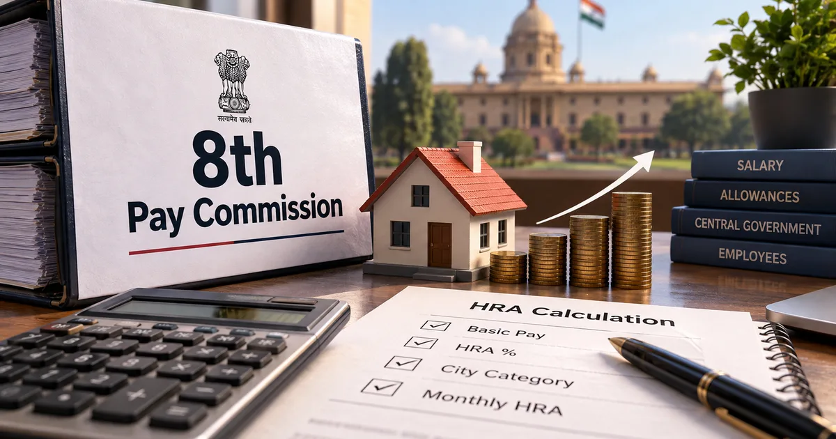 Calculator showing 8th Pay Commission HRA Calculation 2026 for central government employees