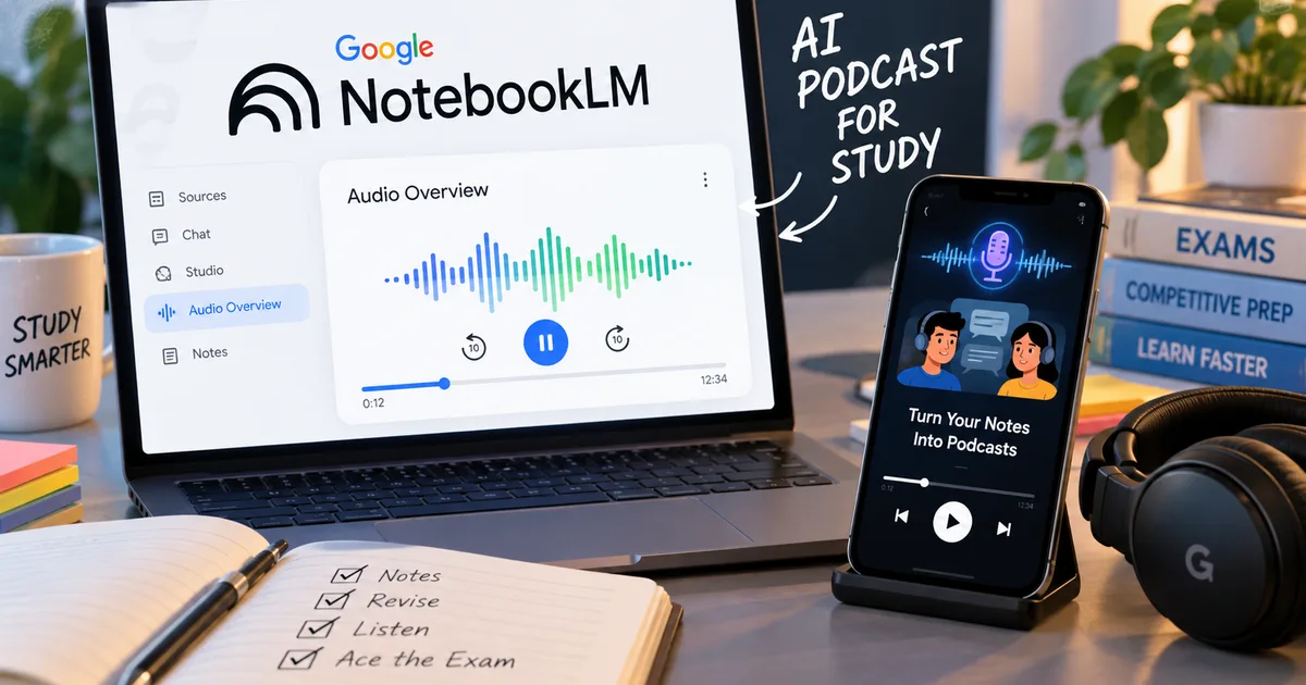 Google NotebookLM Audio Overviews 2026 interface showing AI podcast generation for Indian students exam preparation