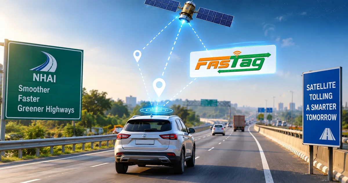 Cars passing through a barrier-free highway toll plaza in India using GNSS satellite toll collection