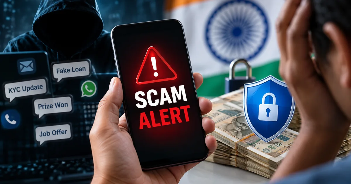 Latest Scam Alerts trends in India 2026 warning graphics on a smartphone screen