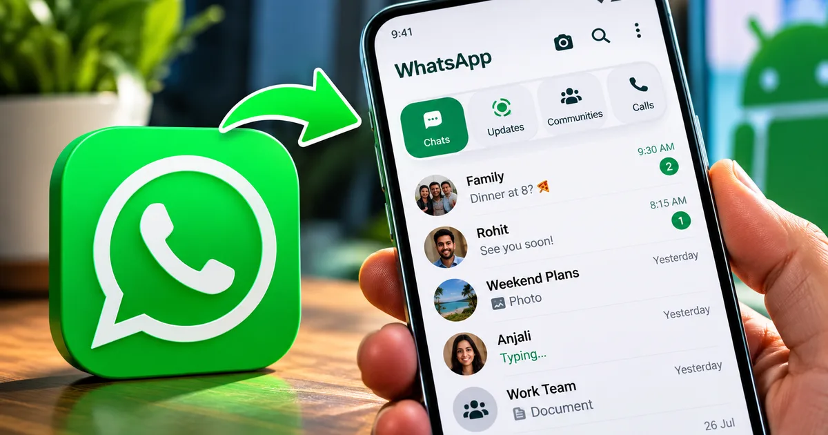 WhatsApp Android App Navigation Redesign 2026 new UI features and bottom bar displayed on a smartphone screen
