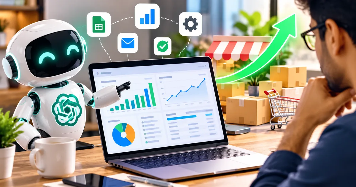Indian small business owner using ChatGPT Data Analysis tool on a laptop