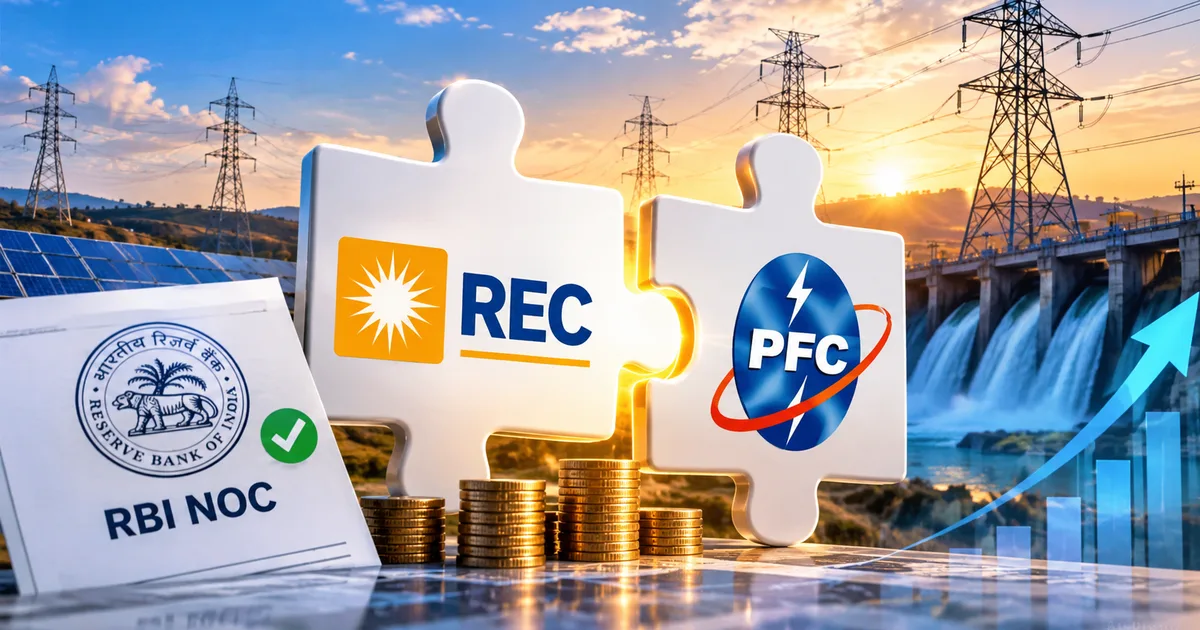 PFC and REC corporate logos with electricity transmission towers illustrating the REC and PFC merger