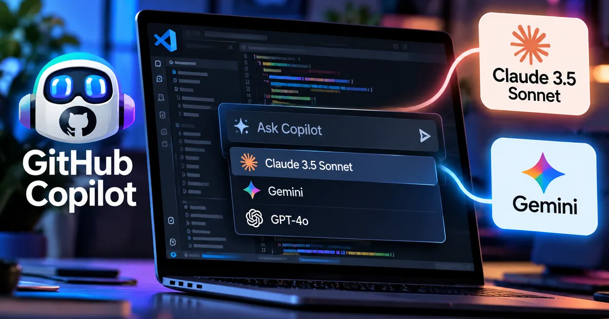 GitHub Copilot multi-model support in VS Code showing Claude 3.5 Sonnet and Gemini model selector in 2026