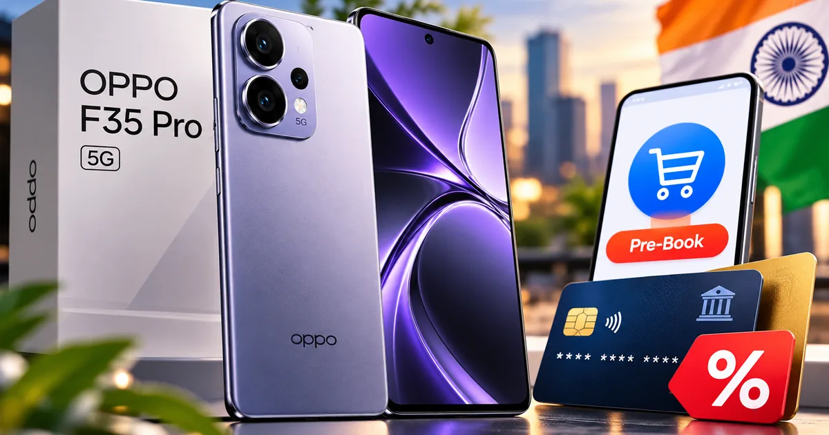Oppo F35 Pro 5G smartphone displaying on a table with text about pre-booking and bank discounts in India