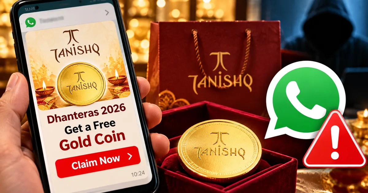 Warning alert for fake Tanishq Dhanteras 2026 free gold coin WhatsApp link scam message on mobile screen