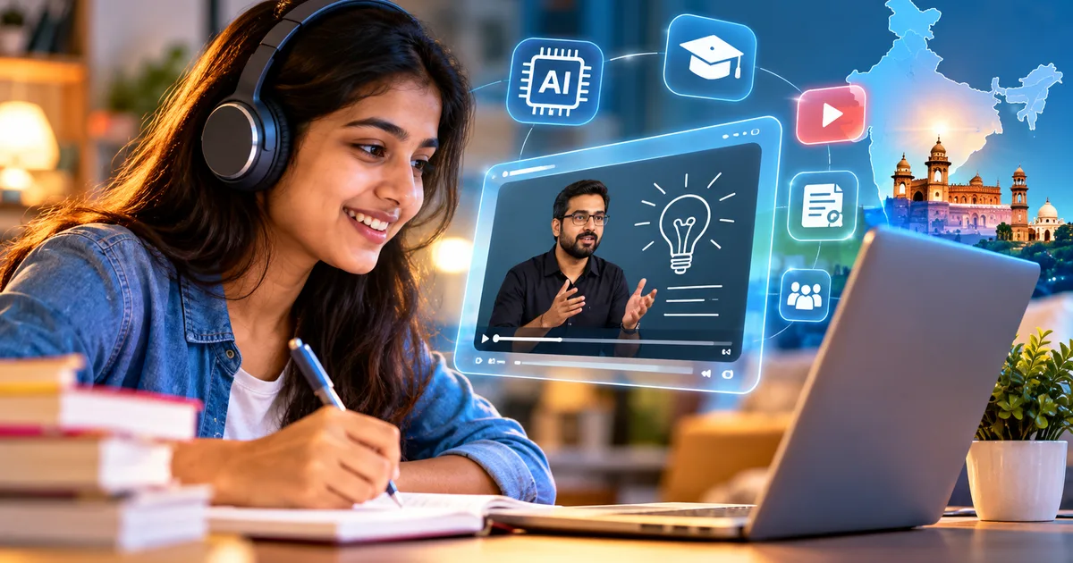 Indian readers consuming tech explainers on mobile phones in 2026, staying informed about AI, UPI, and geopolitical news