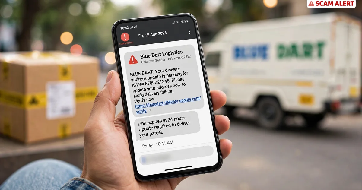 Fake Blue Dart delivery address update SMS scam warning on mobile screen
