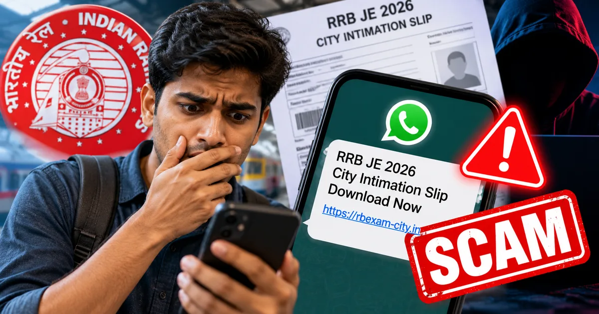 Warning graphic highlighting the fake RRB JE 2026 city intimation slip WhatsApp link scam