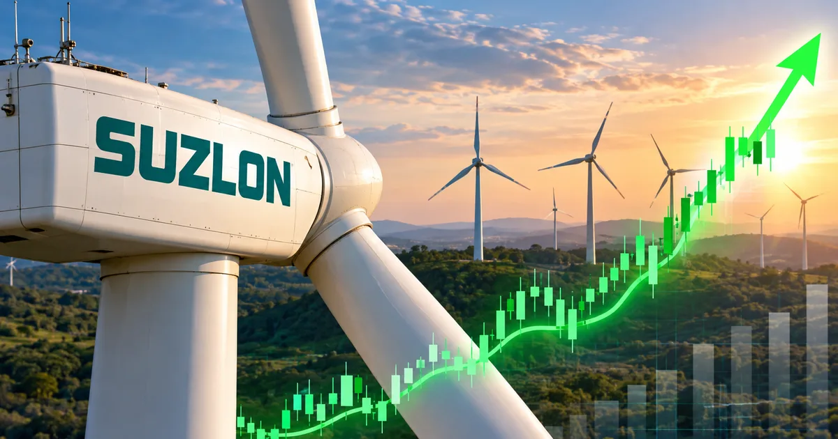 Suzlon Energy wind turbines against a sunset, representing the October 2026 stock surge and renewable market impact