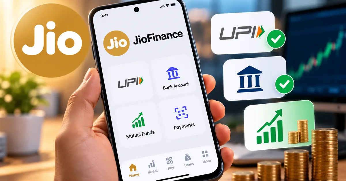JioFinance App interface showing UPI setup, digital account opening, and mutual fund tracking features on a smartphone