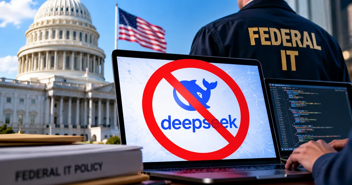 Illustration of the DeepSeek AI federal IT ban showing digital security barriers across enterprise cloud networks