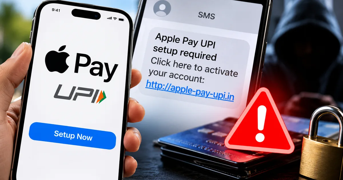 Warning sign on a smartphone screen showing the Fake Apple Pay India 2026 UPI Setup SMS Scam
