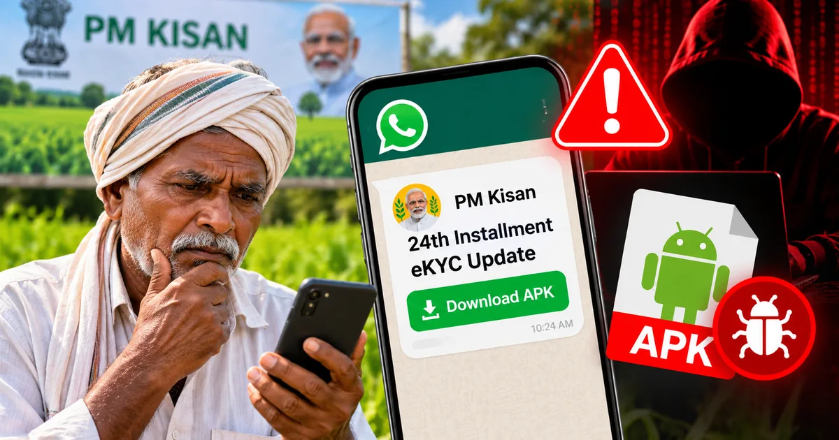 Warning alert against fake PM Kisan 24th installment eKYC WhatsApp APK scam targeting Indian bank accounts