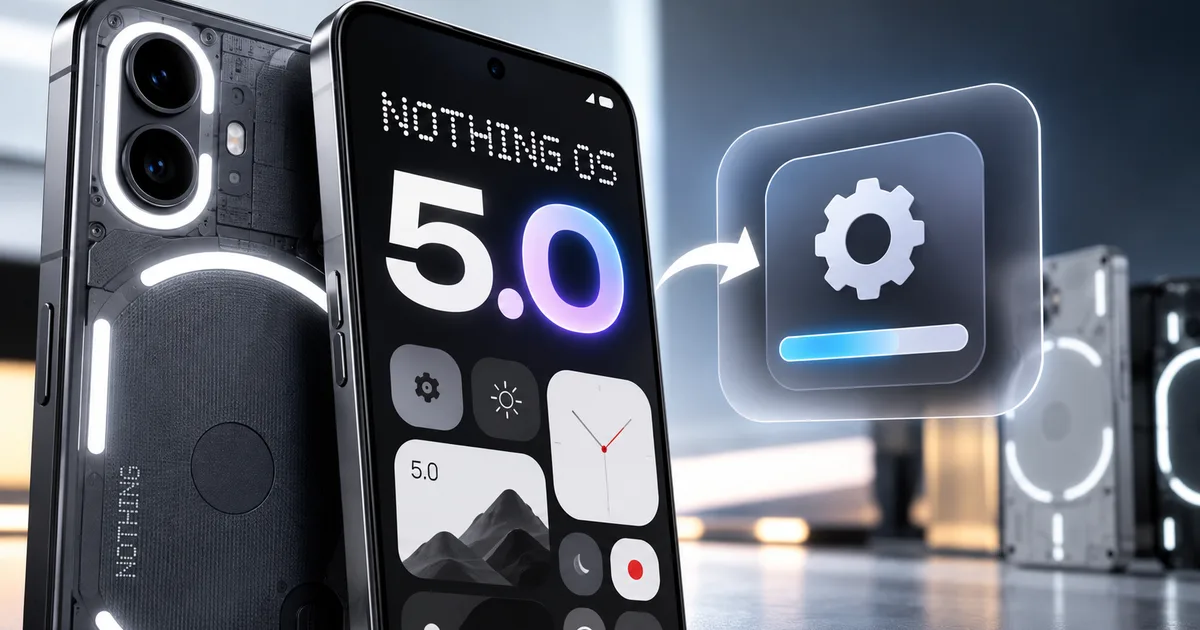 Nothing OS 5.0 update installation screen and settings menu on Nothing Phone