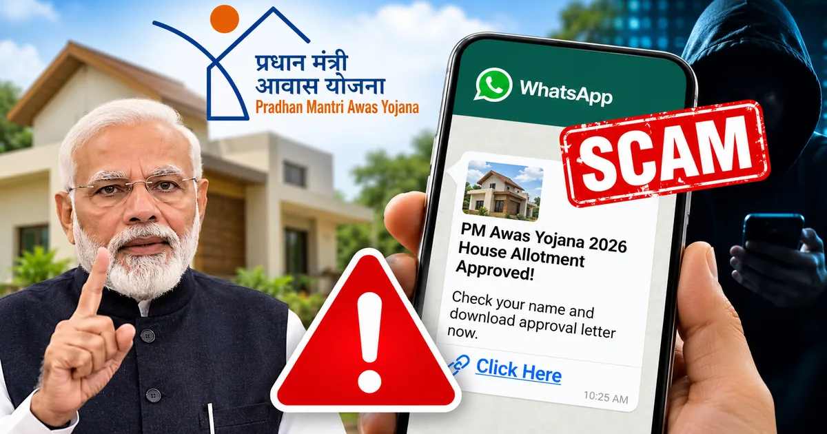 Smartphone showing a fake PM Awas Yojana WhatsApp message with an APK file