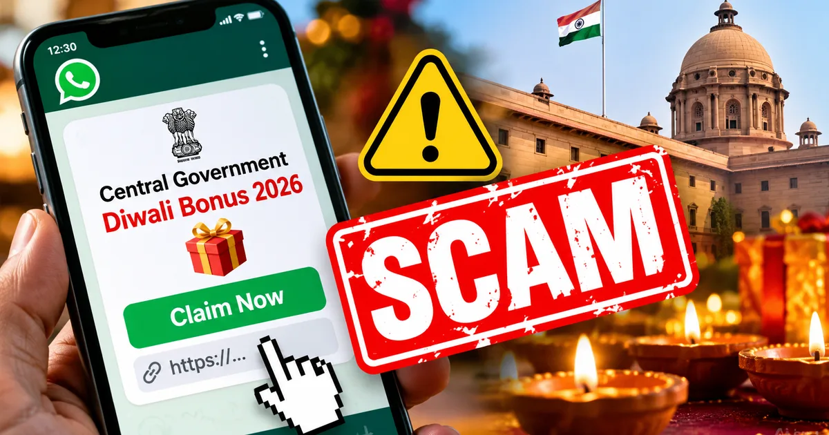 Fake Central Govt Diwali bonus 2026 WhatsApp message warning graphic