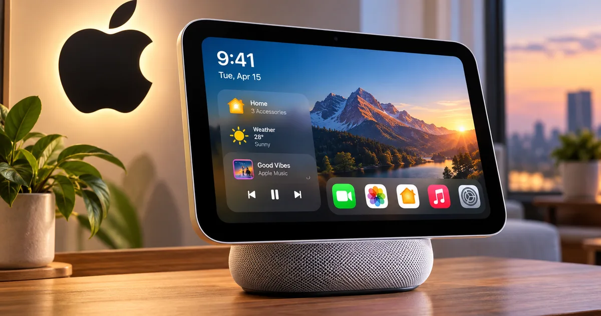 Apple HomeView smart display 2026 on tabletop showing Siri AI home controls