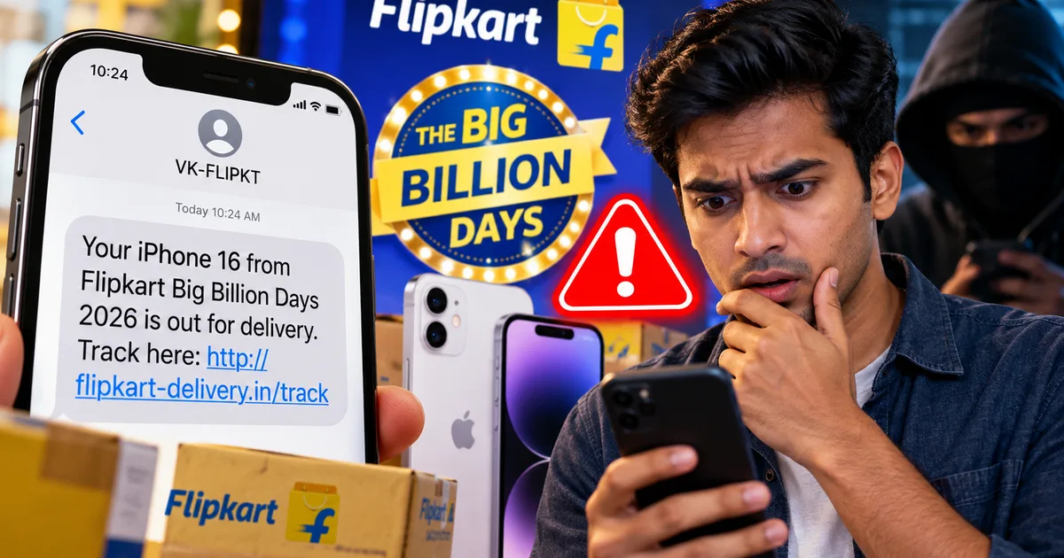 Fake Flipkart Big Billion Days 2026 iPhone 16 Delivery SMS Scam warning screen with red alert