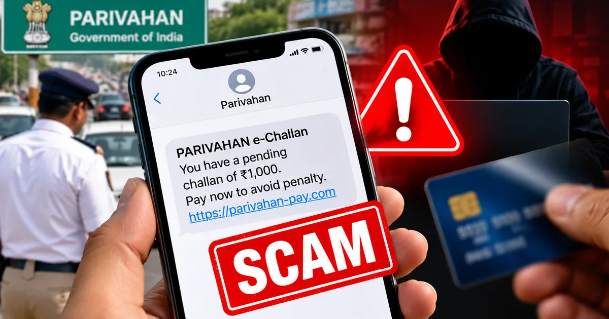 Mobile phone screen displaying a fake Parivahan e-challan payment SMS scam message with a fraudulent link