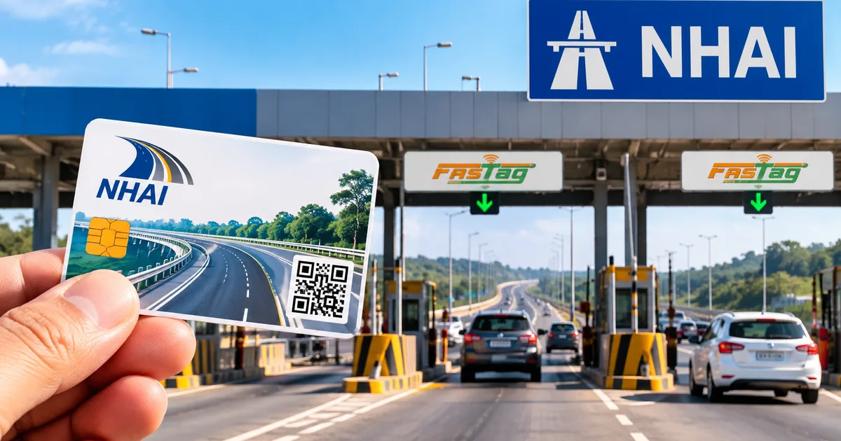Car passing through highway toll booth with NHAI national highway annual toll pass 2026