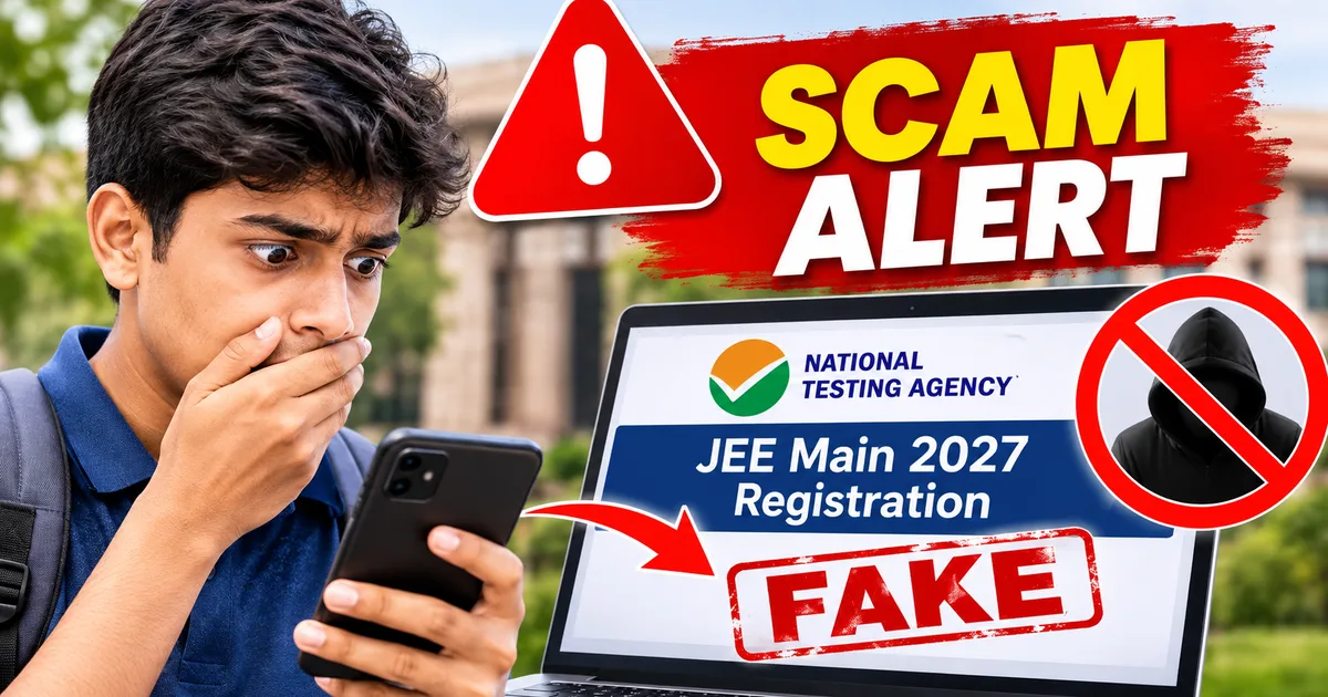 Phishing warning for the fake NTA JEE Main 2027 registration portal on a smartphone screen
