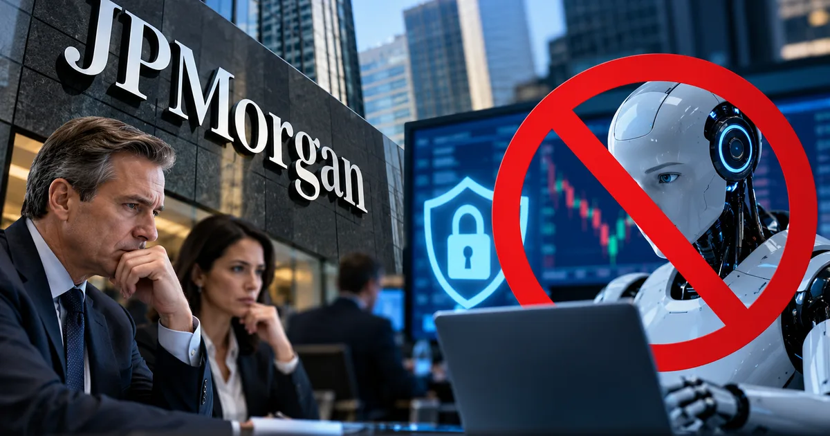 JPMorgan external AI agent ban illustration showing bank security blocking digital bots