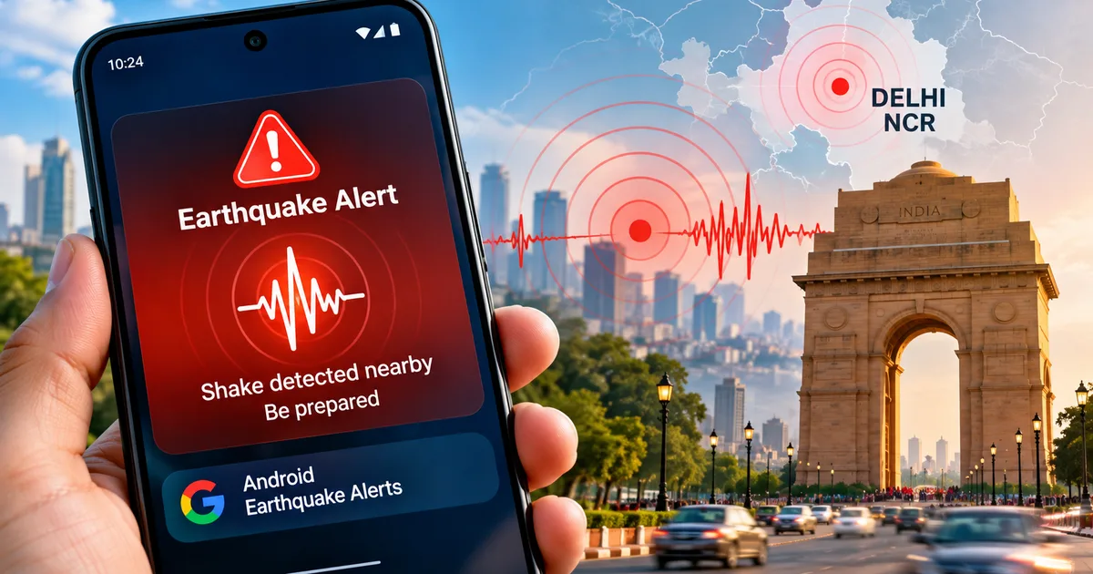 Android earthquake alerts warning displayed on a smartphone screen during Delhi NCR tremors