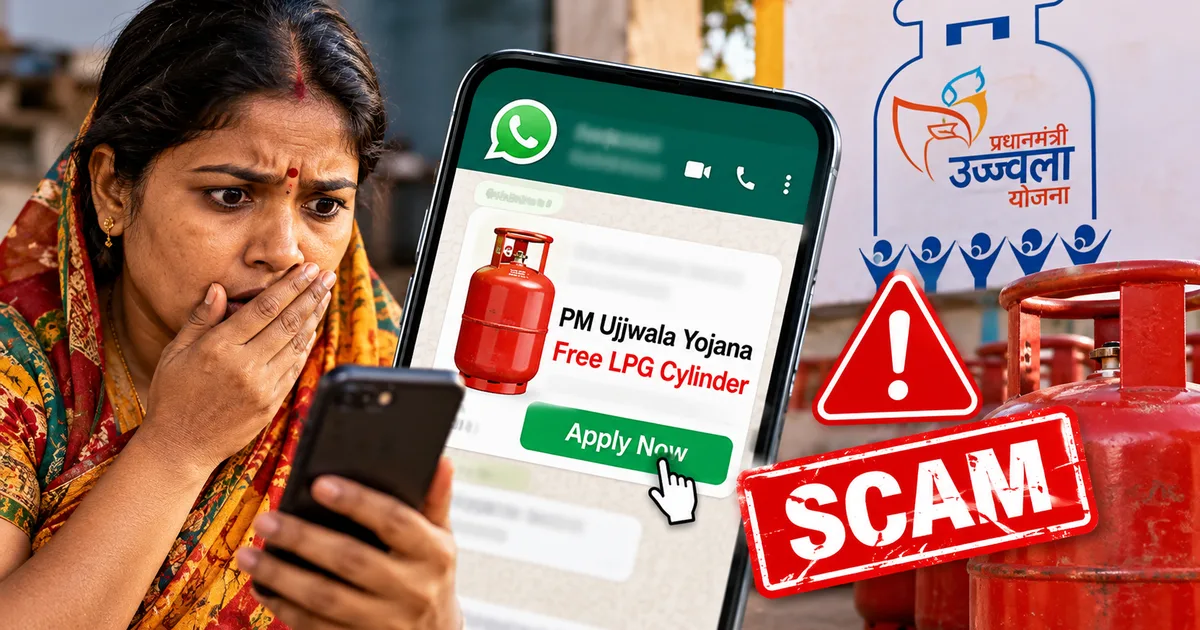 Warning screen showing fake PM Ujjwala Yojana free LPG cylinder WhatsApp scam message on phone