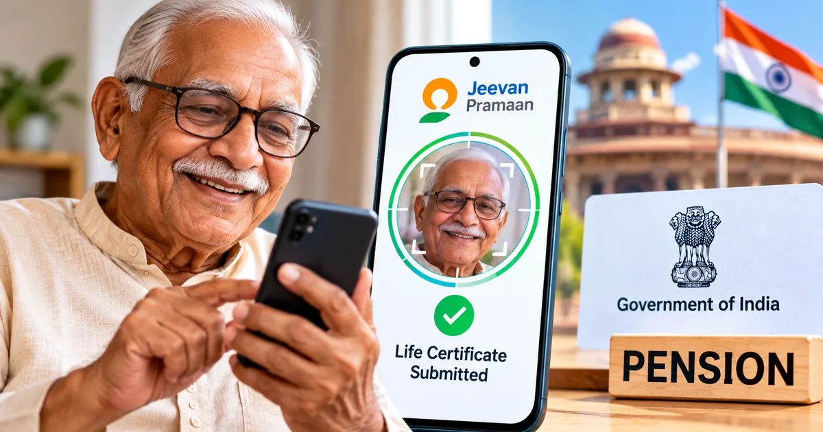 Pensioner submitting Jeevan Pramaan 2026 digital life certificate on smartphone using face authentication