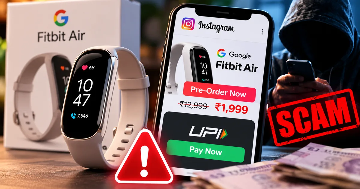 Warning sign for fake Google Fitbit Air 2026 Pre-Order UPI Payment Scam on an Instagram ad interface