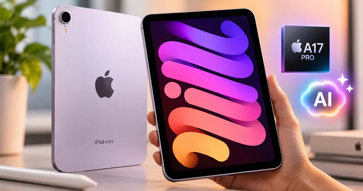 Apple iPad Mini 7 tablet held in one hand displaying iPadOS home screen