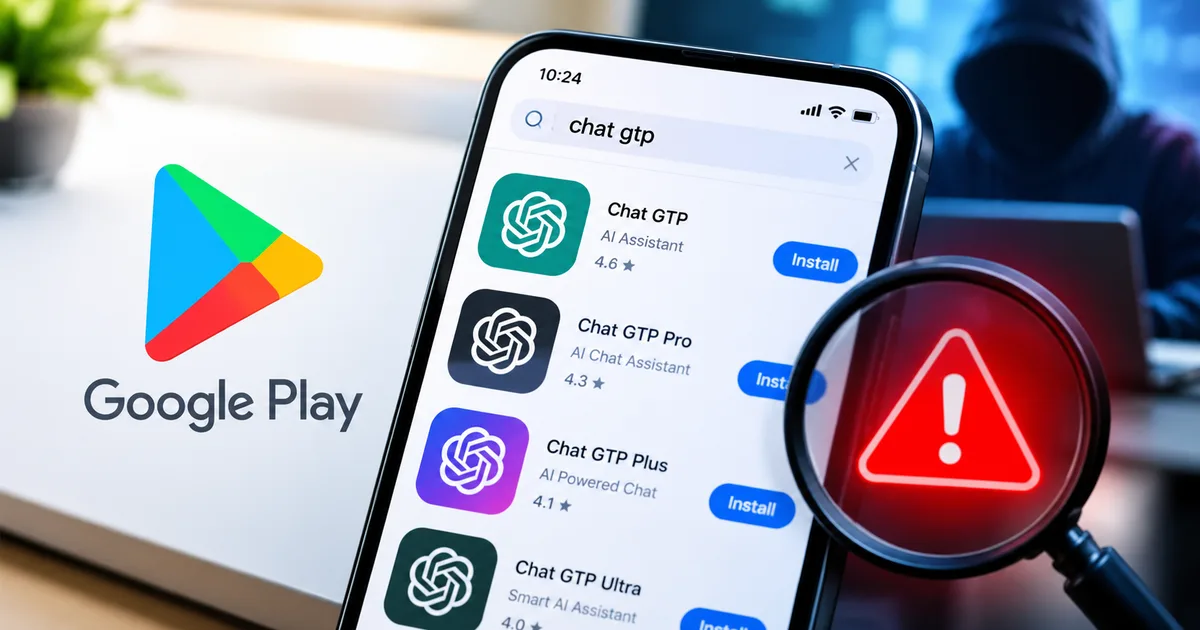 Fake Chat GTP apps on Play Store warning on a smartphone screen