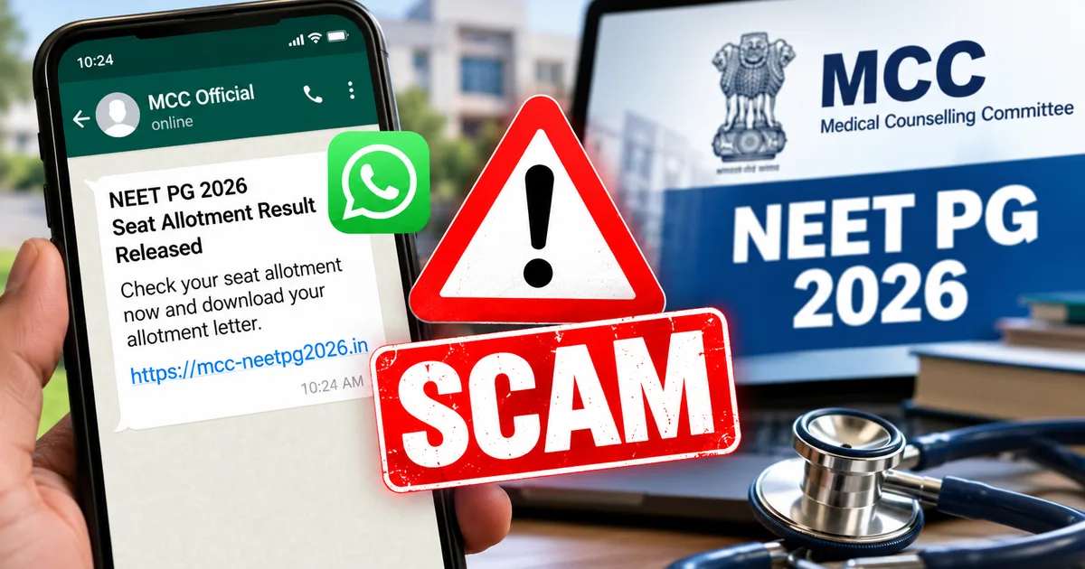 Medical aspirant verifying fake MCC NEET PG 2026 seat allotment letter on smartphone