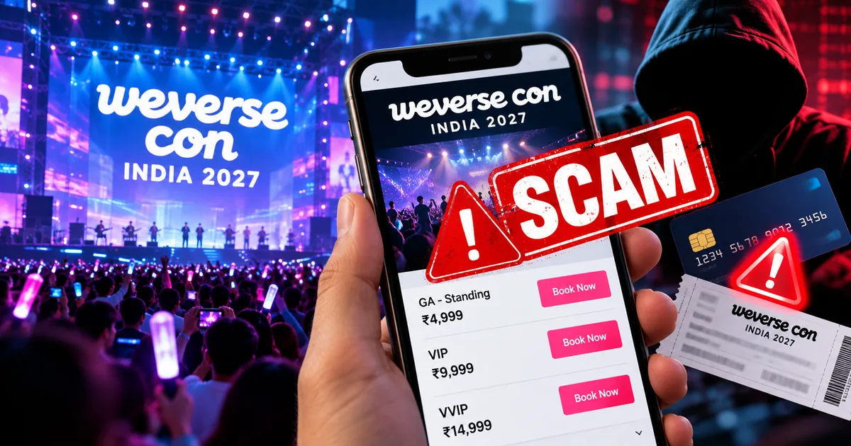 Screenshot of a fake Weverse Con Festival India 2027 ticket booking Instagram account asking for UPI payment
