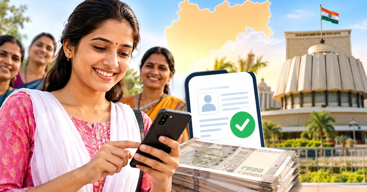 A woman checking her Mukhyamantri Majhi Ladki Bahin Yojana application status on a smartphone.