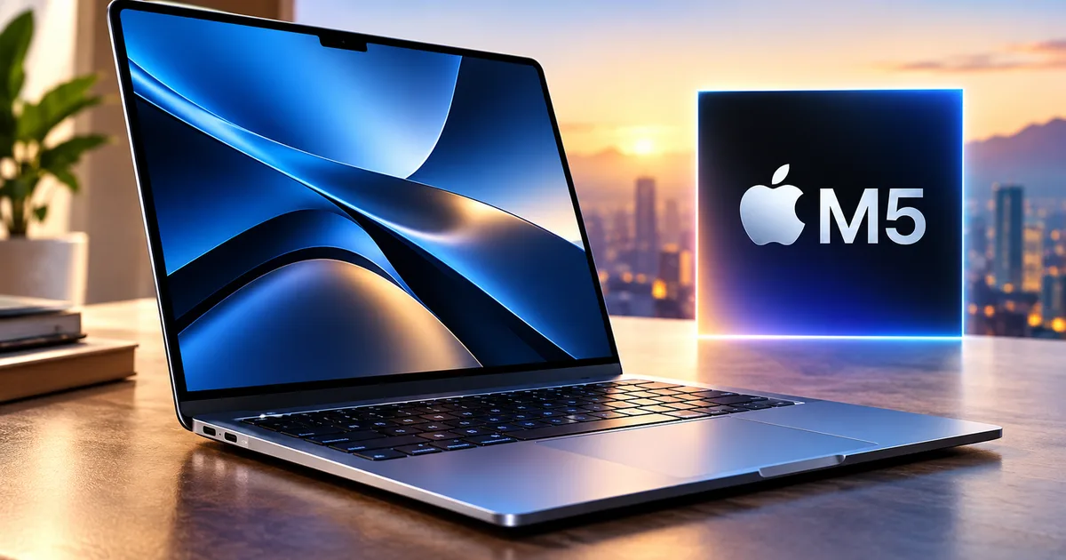 Apple MacBook Air M5 2026 silver model sitting on a modern wooden desk in an office